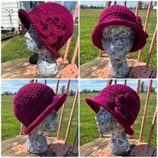 Crochet Flower Bucket Hat Cloche Raspberry Purple Handmade Flapper Festival Boho