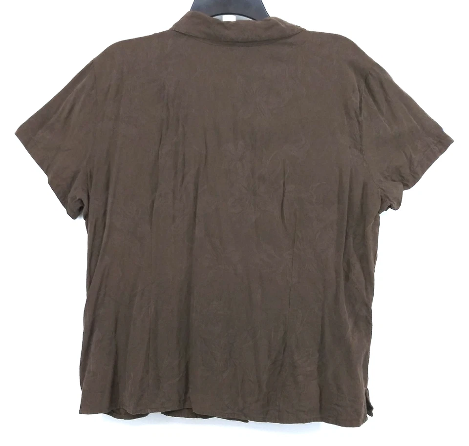 Caribbean Joe 衬衫女式 XL 码棕色花卉短袖纽扣丝绸混纺 — 第 3/4 张图片