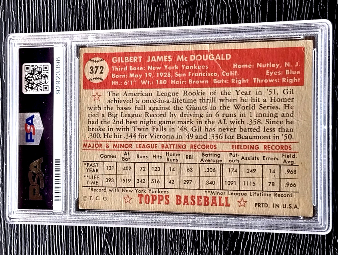 1952 TOPPS GIL McDOUGALD ROOKIE HIGH # BASEBALL CARD #372 *CENTERED* PSA 1 POOR view 3