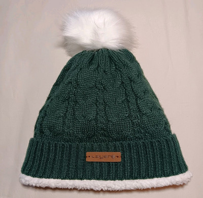Layer 8 Cable Knit Beanie Hat w/ PomPom Dark Green Fleece Inside