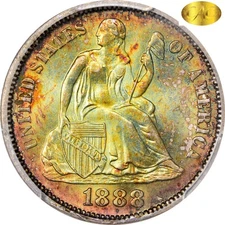 1888 10C MS66+ PCGS GOLD CAC Toned Color Seated Dime
