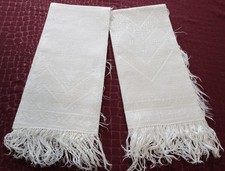 Antique 2 Linen Damask Fringed Hand Towels Drawnwork Never Used              j98
