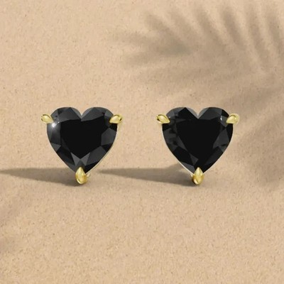 2Ct Heart Lab Created Diamond Black Heart Stud Earrings 14K Yellow Gold Plated
