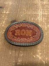 Vintage Brass Belt Buckle Tooled Leather Insert "RON  3.5  X 2.5  
