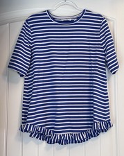 Isaac Mizrahi Live Blue & White Striped Crew Neck Top with Ruffled Hem Large