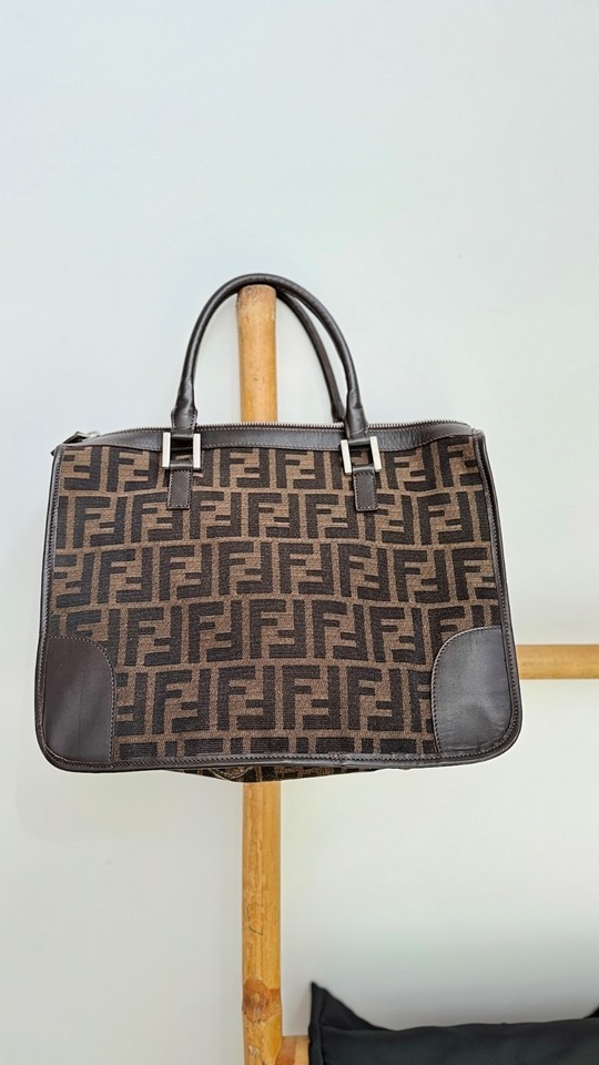 Authentic Fendi Zucca FF Monogram Canvas Brown Leather Handbag Italy