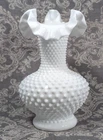 Vintage FENTON Milk Glass Hobnail Vase ~Ruffled Crimped Edge~ Large 10.5" Vase