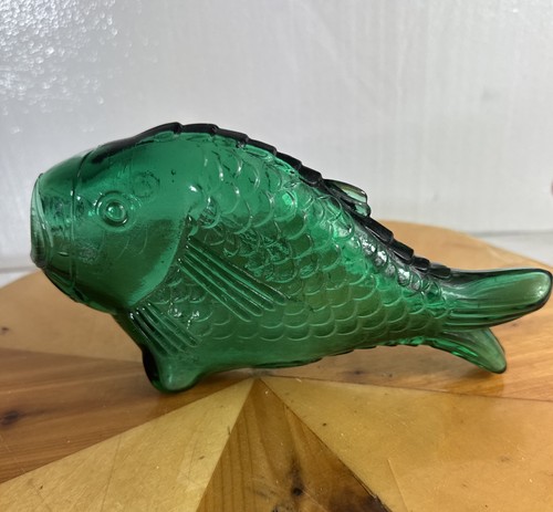 VTG Fish Bottle Embossed Emerald Green Glass Standing 8" x 4.5" Bks