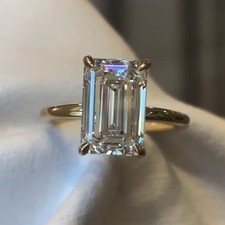 3.8TWC Emerald Cut Moissanite Hidden Halo Engagement Ring 14K Yellow Gold Plated