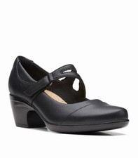 New Clarks Women’s 9W  Emily Clover Black Leather Mary Jane Kitten Heel Minimal