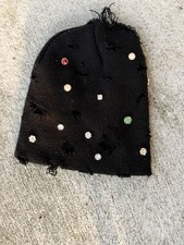 Black Distressed Knit Beanie Hat with Rhinest...