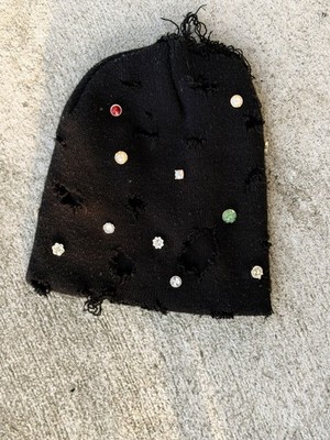 Black Distressed Knit Beanie Hat with Rhinestone Studs, Unisex One Size