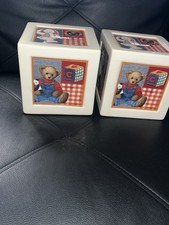 2 Blue Jean Teddy Bear BJTB Ceramic Square Savings Bank Nursery Vintage