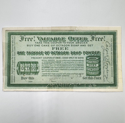 Vintage 1926 Buy One Get One Free Octagon Soap Powder Coupon Colgate & Company
