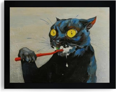 Funny Black Cat Bathroom Wall Art Decor, Quirky Framed Canvas Print Painting 