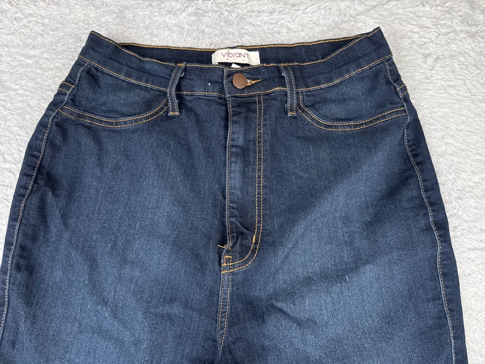 Pantalones de mezclilla vibrantes MIU para jóvenes 15 azules ajustados lavado oscuro tiro alto algodón 28x30 Foto 4 de 4