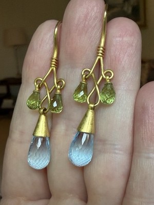 19k YG Soft Blue Topaz & Peridot Dangle Earrings 18k - 11 Grams