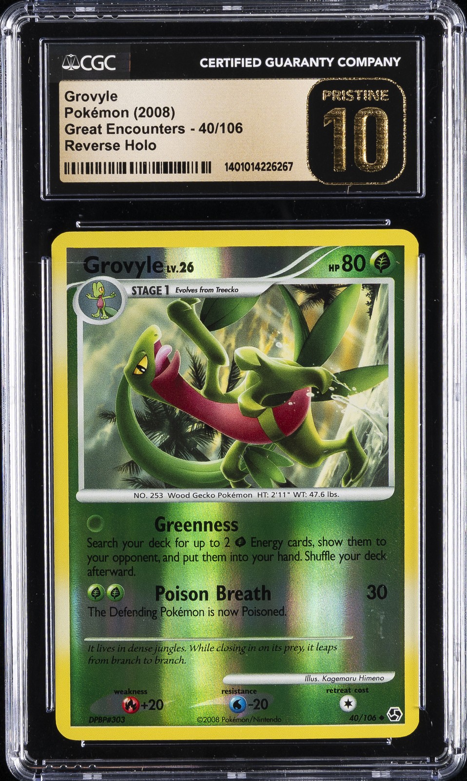 2008 POKEMON GREAT ENCOUNTERS - REVERSE HOLO #40/106 GROVYLE CGC 10 PERFECT