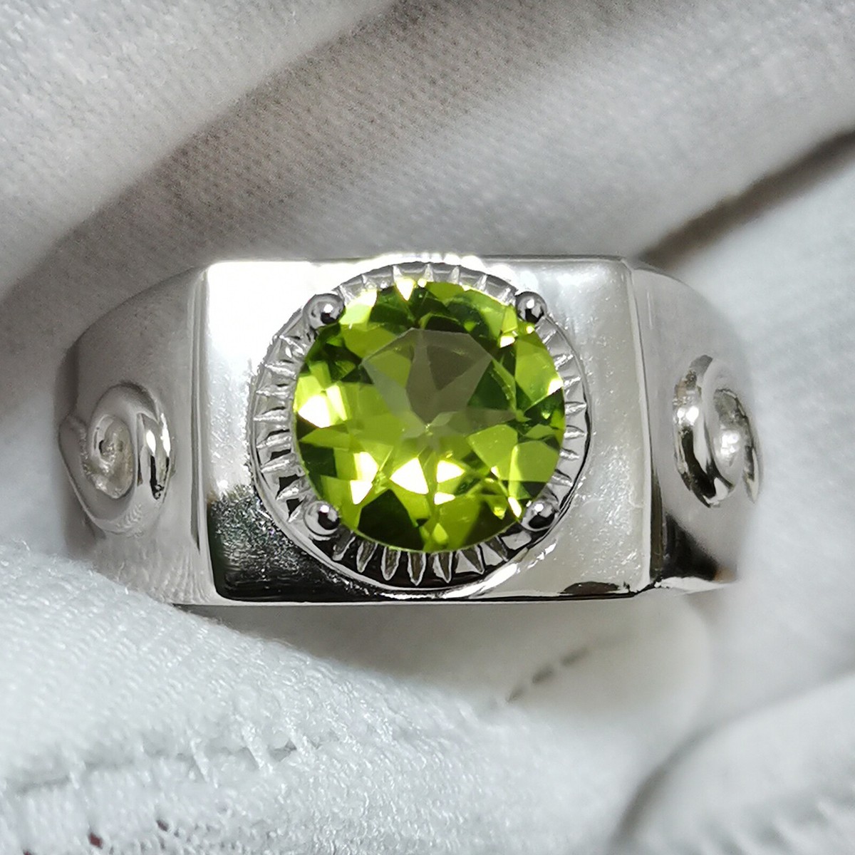 8mm Natural Green Peridot Ring for Men Sterling Silver Band