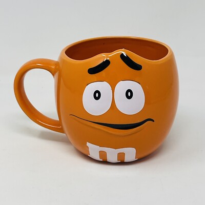M & M's Candy Coffee Mug Orange Big Face Sculpted Worried Look Expression  20 oz