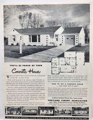 1952 Portland Cement Assoc. Concrete House MCM Original Print Ad Life Mag 50's