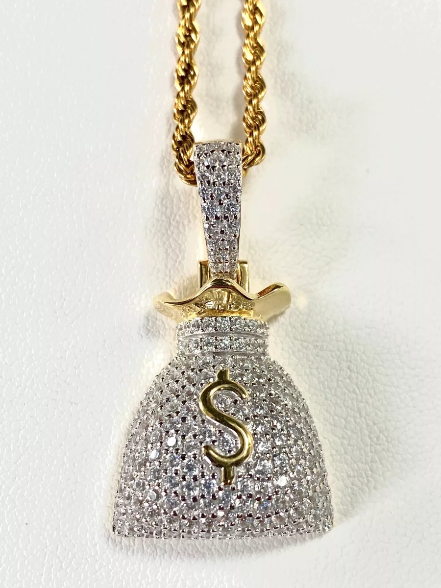 MONEY BAG Cash Dollar Ice Out Pendant Men Women 14k Italy Gold Finish Chain