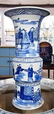 Blue, White Porcelain Chinoiserie Ritual Beaker/"Gu" Vase. Hand Painted-15.75"H
