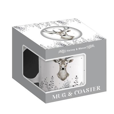 Festliche Rentiere Neu Bone China Tasse & Untersetzer Set Weihnachten Xmas Geschenk Weiß Grau