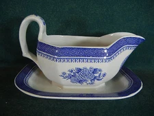 Spode Blue Fitzhugh Gravy Boat with Attached Underplate