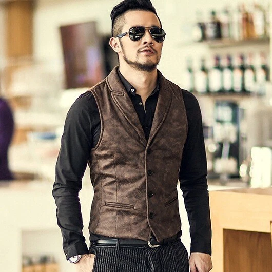 Mens Fashion Single Breasted Vest Coats Suede Lapel Collar
