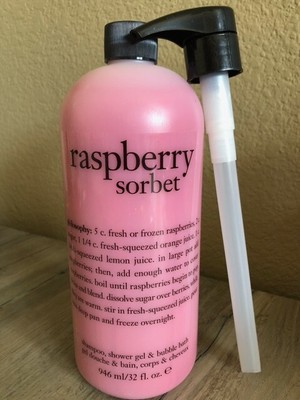 PHILOSOPHY 3-1 RASPBERRY SORBET w/PUMP SEALED SHAMPOO, SHOWER GEL & BUBBLE BATH