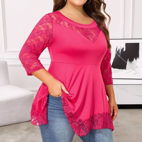 Sexy Women Lace Mesh 3/4 Sleeve Pullover T-Shirt Ladies Casual Blouse Tunic Tops - Picture 8 of 29