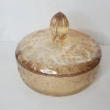 Vtg Jeanette Glass Candy Dish Louisa Floragold Marigold Orange Embossed Flowers