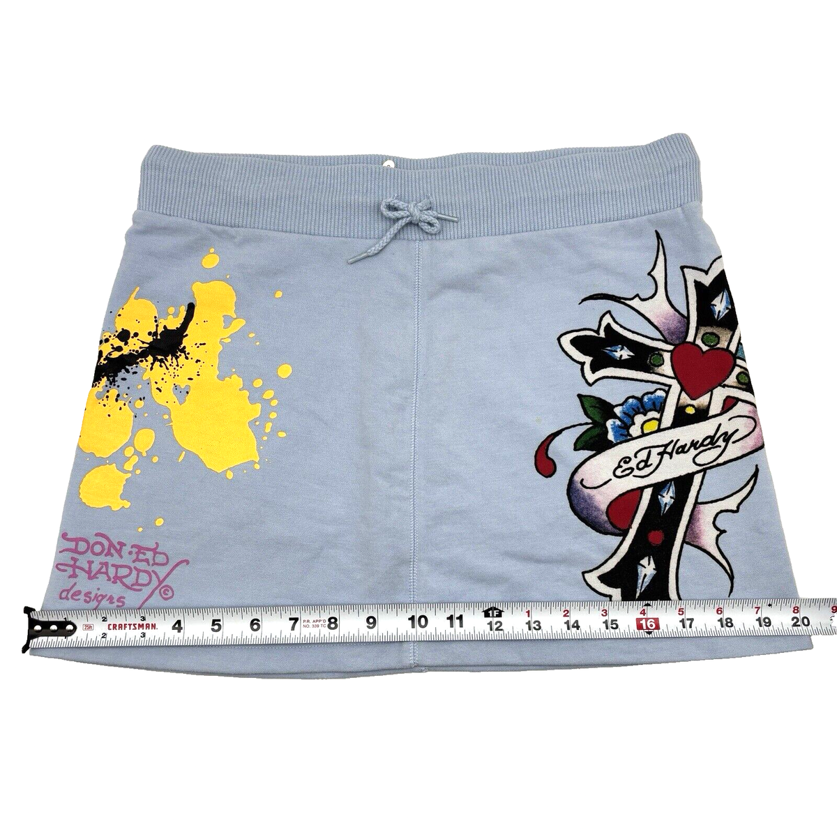【Anyone more】Hardy damage blue mini skirt Vintage Y2K Ed Hardy Intimates Baby Blue Knit Cross Graphic