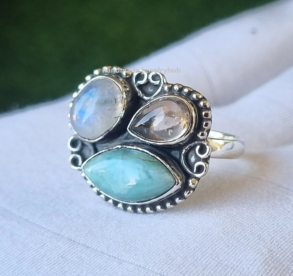 Anillo Larimar y Piedras Preciosas Piedras Lunares Plata de Ley 925 Hecho a Mano Regalo PG2821 Foto 2 de 4