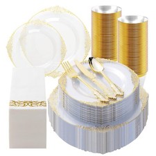350pcs Clear Gold Plastic Plates For 50 Guests Disposable Dinnerware Set Include