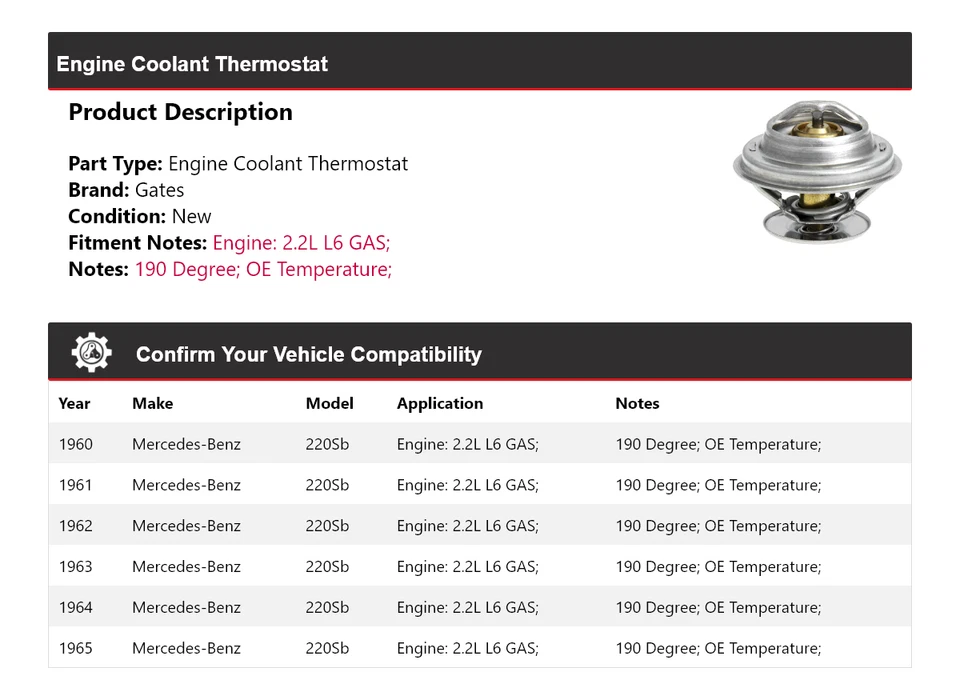 Para Mercedes-Benz 220Sb 1960-1965 2.2L L6 GAS Motor Refrigerante Termostato Puertas Foto 2 de 4