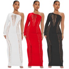 NEW Womens Stylish Sloping Shoulder One Sleeve Hollow Out Bodycon Party Dress