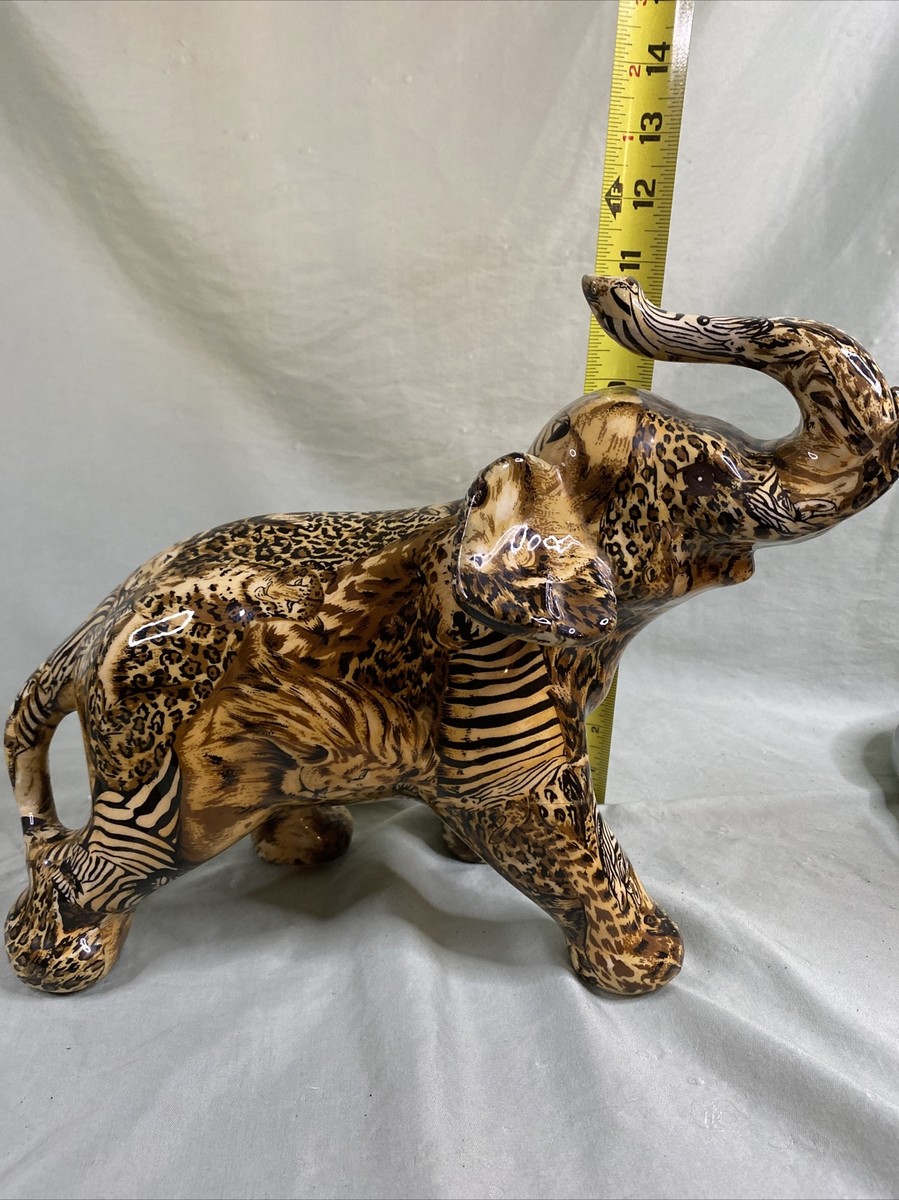 La Vie Elephant Safari Animal Print Glazed Figurine Ceramic Trunk