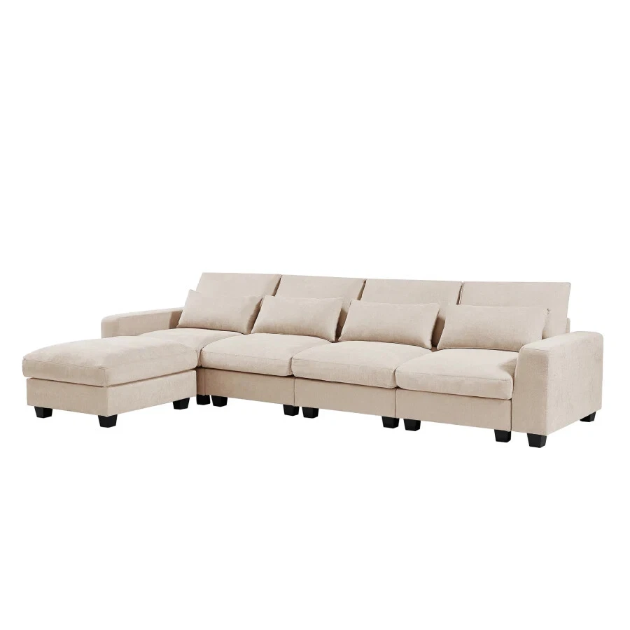 Modern Nordic Style Beige Minimalist Sofa Living Room L-Shape Couch Large Linen - Image 3 of 4