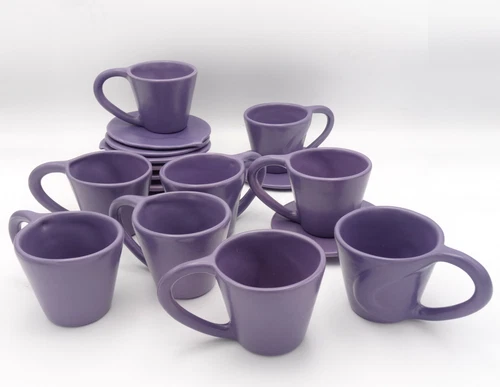 LOT of 9 VINTAGE JULIE SANDERS CYCLAMEN LAVENDER POTTERY CUP & SAUCER