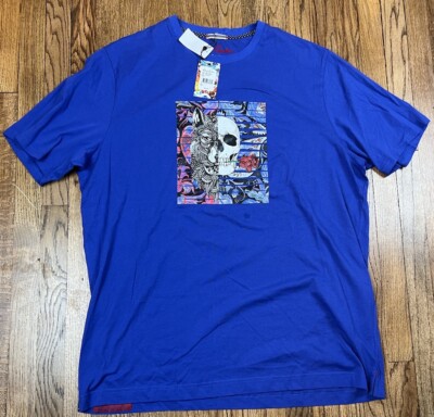 NWT Robert Graham Skull Wolf Rose Print Graphic T-Shirt Blue Men s Size 2XL