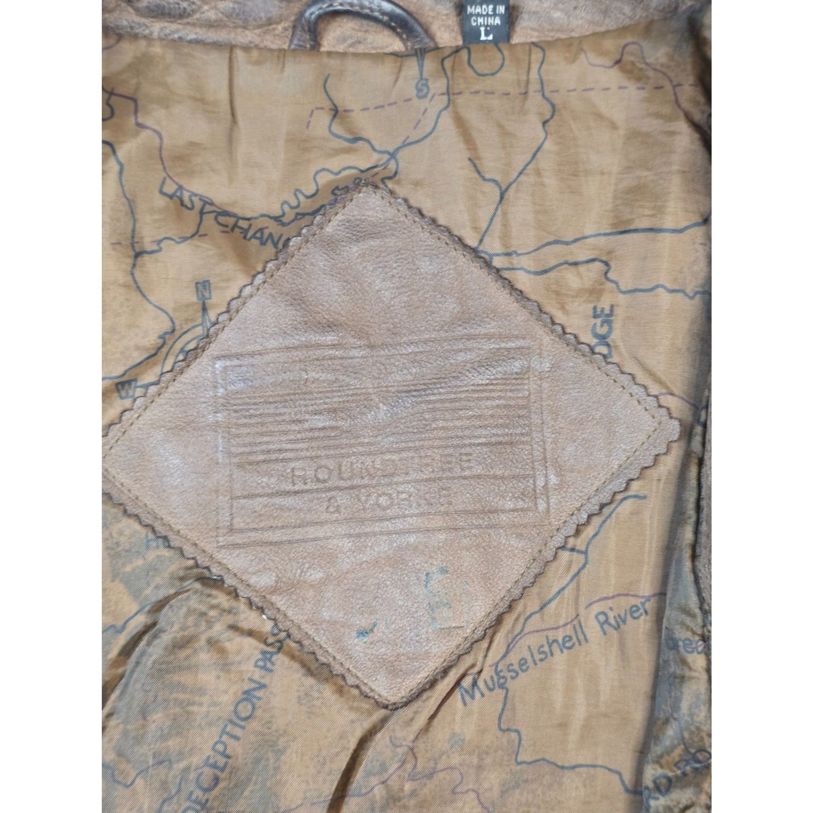 Round Tree and York, Genuine Leather Bomber Jacket Large Tan Brown Map Print - second product detail image