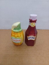 vintage hand painted ceramic mustard and ketchup salt and pepper shakers USED