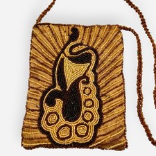 Vintage Brown Gold Glass Seed Bead Beaded Evening Purse Bag Satin Crossbody