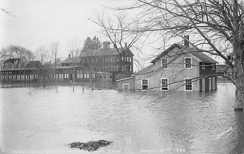 CHESTER, CT ~  1936 FLOOD SCENE,  VARIETY OF BUILDINGS, SPENCER REAL PHOTO PC