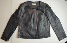 Alessa W Collection Jacket Womens 10 Faux Leather Zip Floral Lace Embroidered