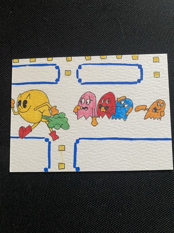 Pac-Man Arcade Fart ACEO hand painted Art trading card acrylic micron 2.5x3.5