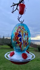 Glass Hummingbird Feeder 27oz Blown Glass Humming Bird - Roses  Ant Moat