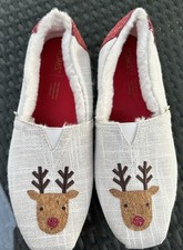 TOMS Alpargata White Textured Glitz Embroidered Reindeer Holiday Shoes Sz 7